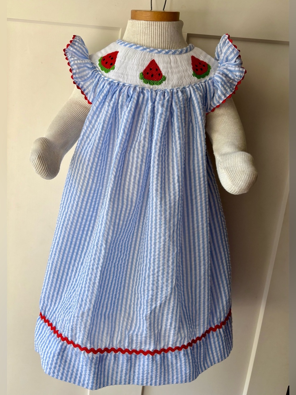 Smock Monkey Watermelon Embroidery Cotton Dress Toddler Girls 18m Blue Striped